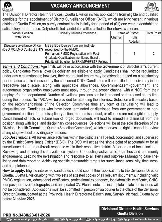 Divisional Director Health Services Quetta Division Jobs – Health Department Balochsitan Jobs 2026 — original advertisement