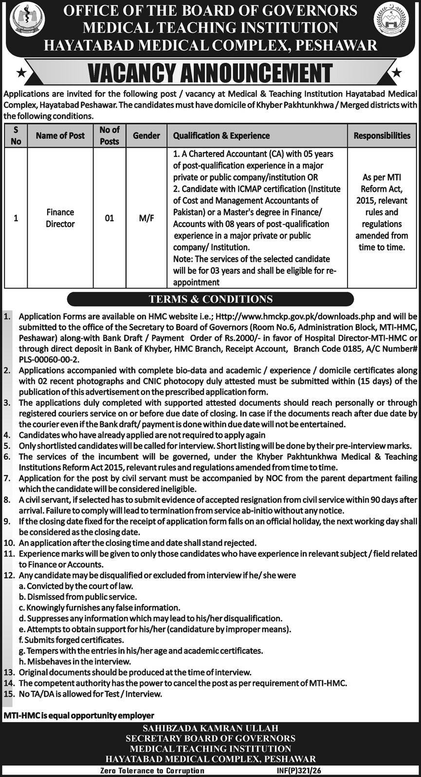 Hayatabad Medical Complex HMC MTI Peshawar Jobs 2026 – Hayatabad Medical Complex Peshawar Jobs 2026 — original advertisement