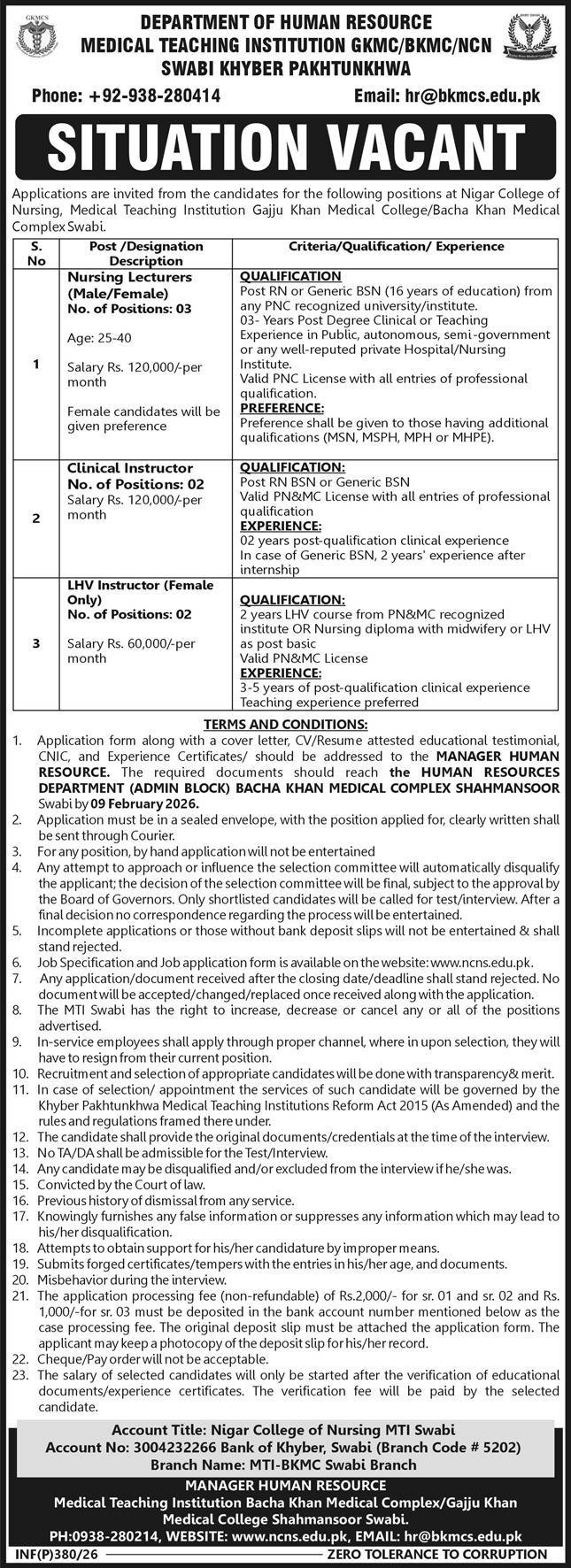 Gajju Khan Medical College GKMC Swabi Jobs 2026 – Bacha Khan Medical College Mardan Jobs 2026 — original advertisement