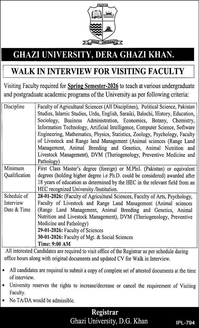 Ghazi University Dera Ghazi Khan Visiting Faculty Jobs 2026 Jobs 2026 — original advertisement