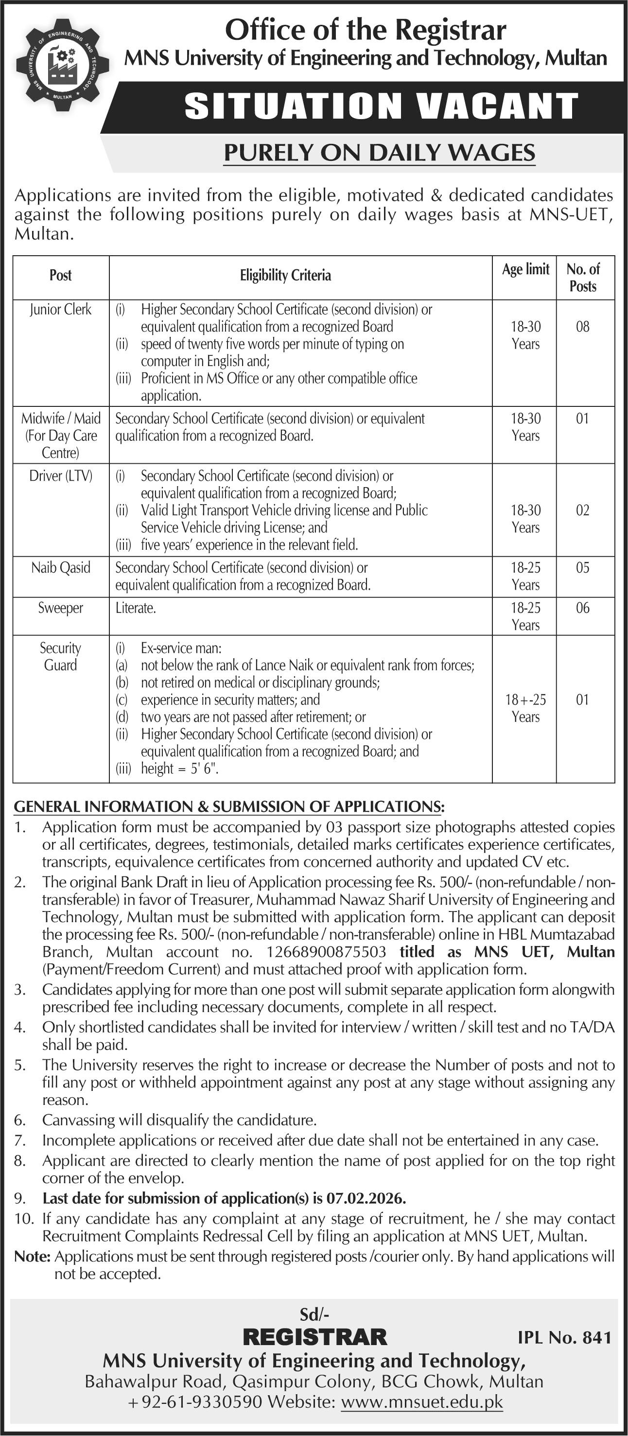 MNS University of Engineering and Technology Jobs 2026 – MNS-University of Agriculture, Multan. Jobs 2026 — original advertisement