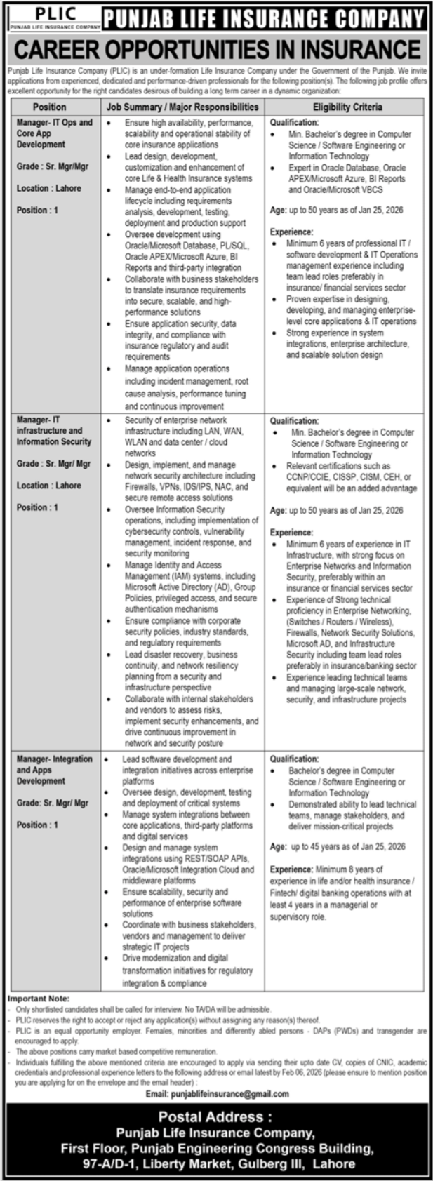 Punjab Life Insurance Company PLIC Lahore Jobs 2026 – Private Company Jobs 2026 — original advertisement