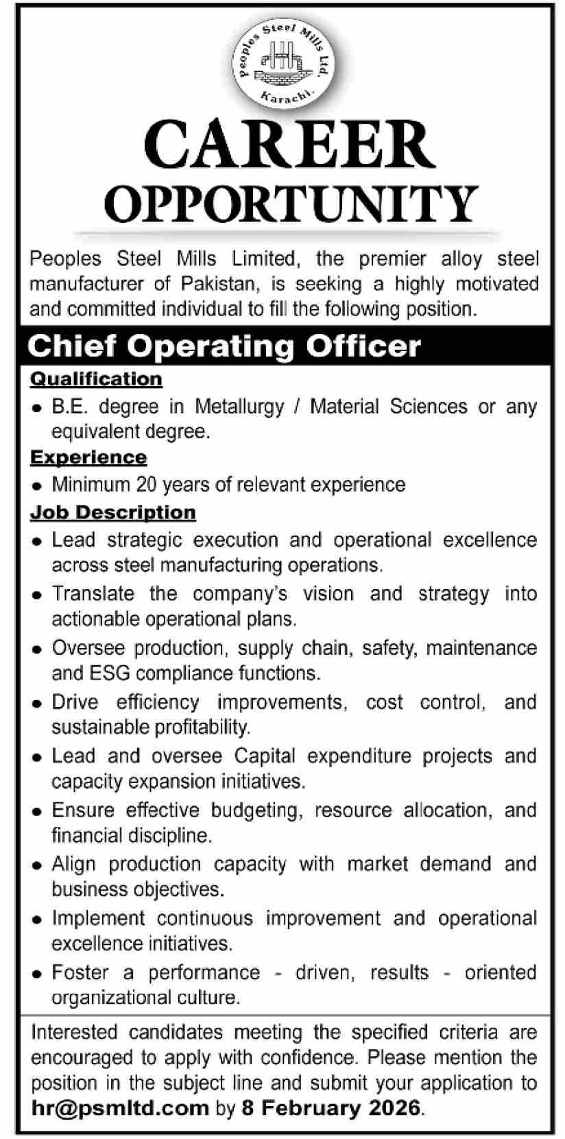 Peoples Steel Mills Limited Karachi Jobs 2026 – Private Company Jobs 2026 — original advertisement
