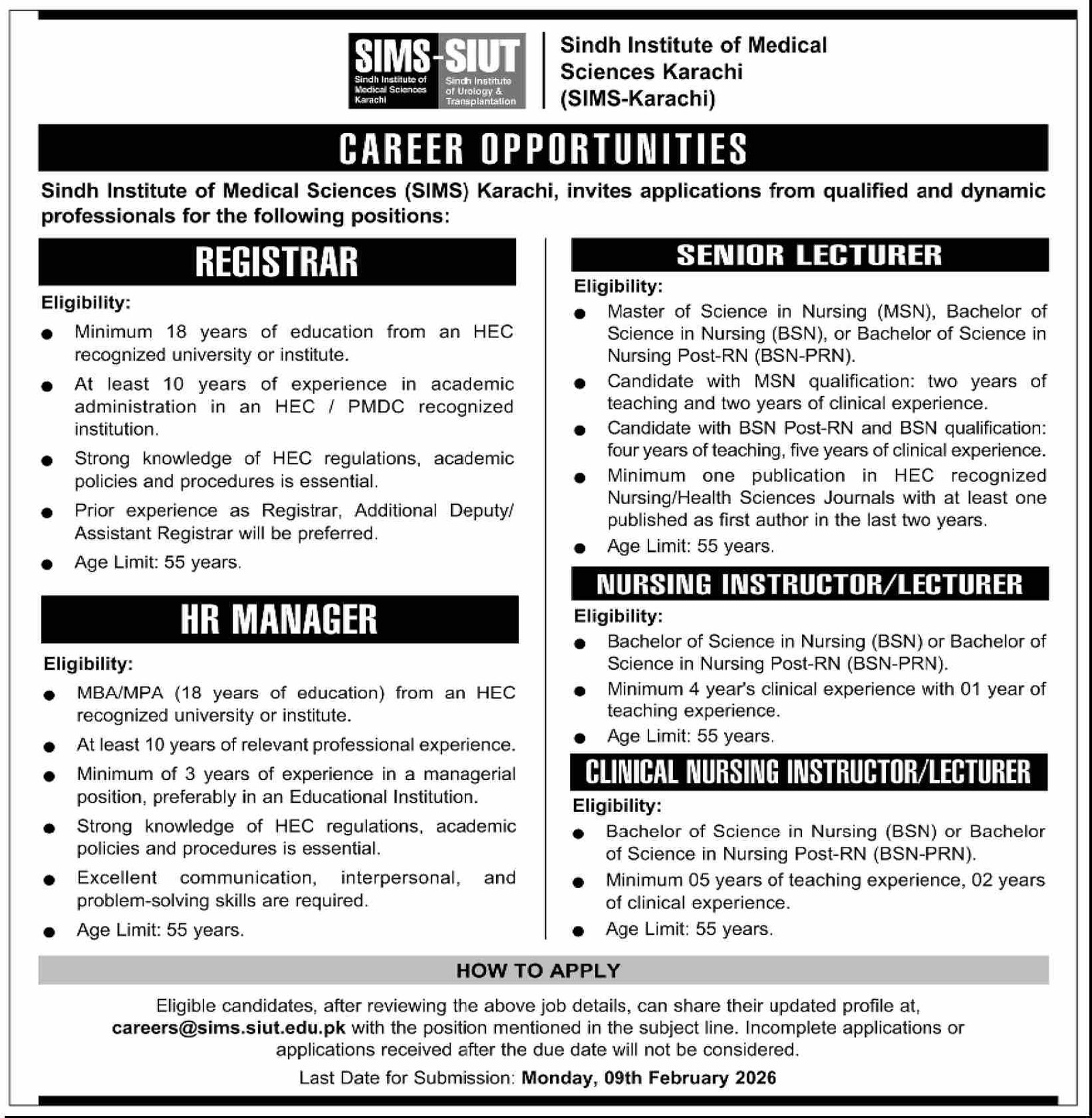 Sindh Institute Of Medical Sciences Jobs 2026 – Sindh Institute of Physical Medicine and Rehabilitation Jobs 2026 — original advertisement