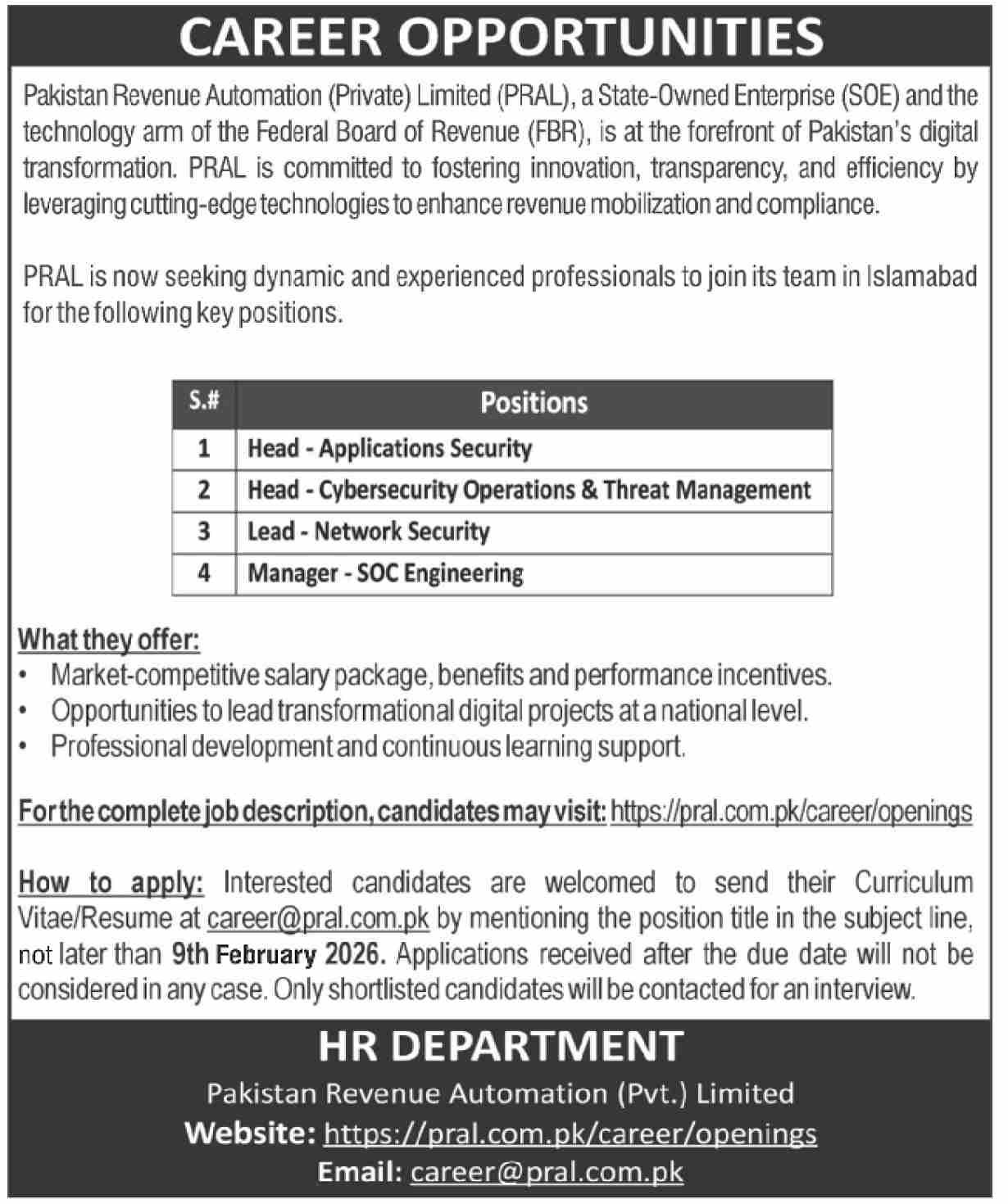 Pakistan Revenue Automation PRAL Jobs 2026 – Public Sector Organization Jobs 2026 — original advertisement