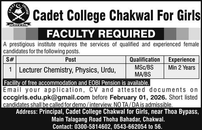 Faculty Jobs At Cadet College Chakwal – Rangers Cadet College Chakri Rawalpindi Jobs 2026 — original advertisement
