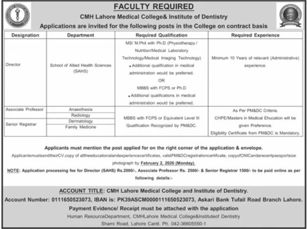 CMH Lahore Medical College & Institute Of Dentistry Jobs – Combined Military Hospital CMH Jobs 2026 — original advertisement