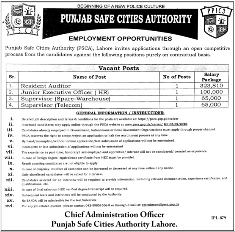 Punjab Safe Cities Authority PSCA Lahore Jobs 2026 – Punjab Rural Support Programme (PRSP) Jobs 2026 — original advertisement