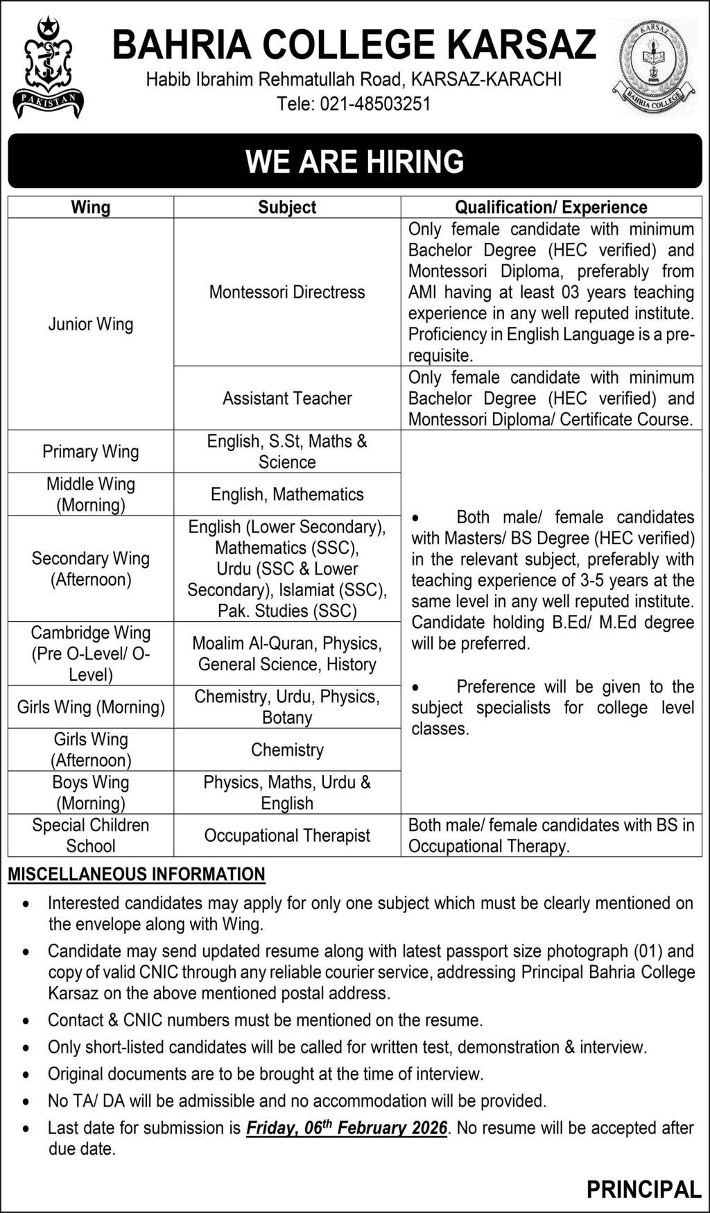 Bahria College Karsaz Karachi Jobs 2026 – Bharia University Karachi Jobs 2026 — original advertisement