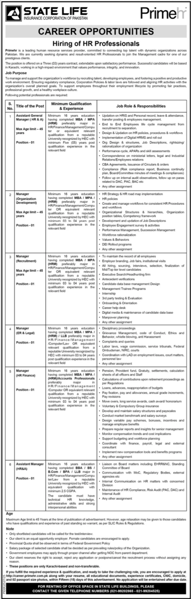 State Life Insurance Corporation Of Pakistan Karachi Jobs Jobs 2026 — original advertisement