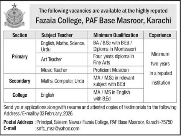 Fazaia College Karachi Sindh Jobs 2026 – Fazaia Schools & Colleges Jobs 2026 — original advertisement