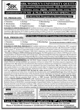 Admission Open Sardar Bahadur Khan (SBK) Women's 2026 – Sardar Bahadur Khan Women's University Quetta Admissions 2026 — original advertisement