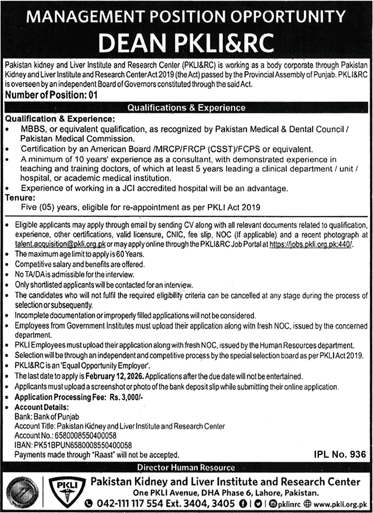 Pakistan Kidney & Liver Institute PKLI&RC Jobs 2026 – Pakistan Kidney And Liver Institute (PKLI) And Research Centre Lahore Jobs 2026 — original advertisement