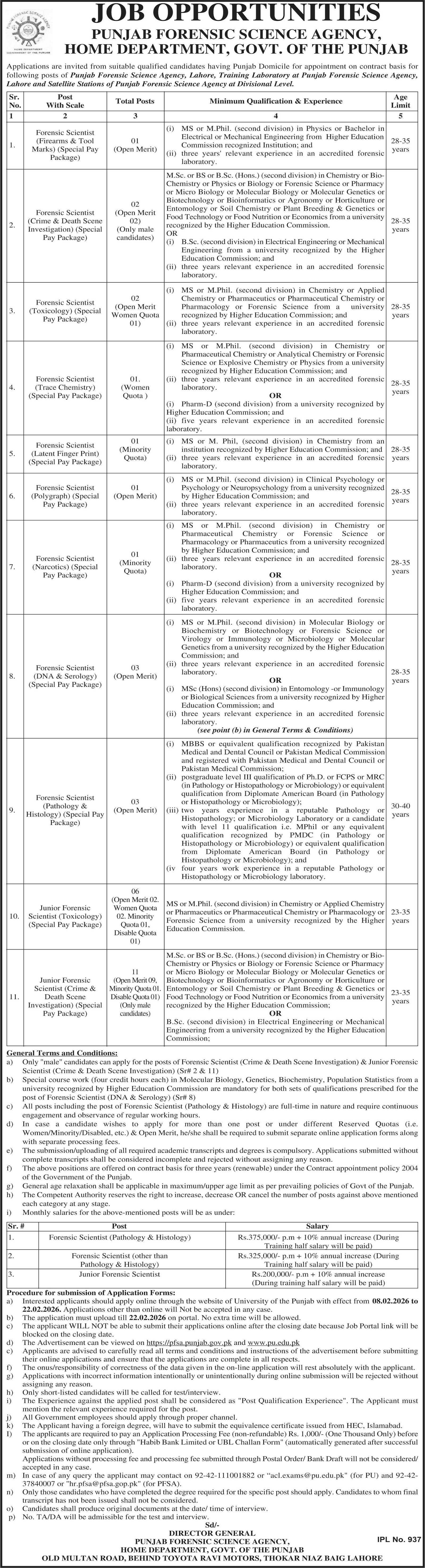 Punjab Forensic Science Agency PFSA Lahore Jobs 2026 Jobs 2026 — original advertisement