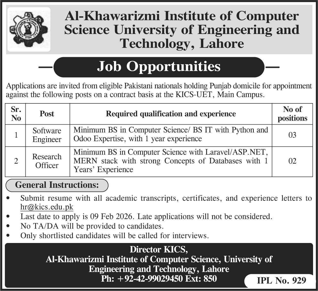 University of Engineering and Technology UET Lahore Jobs – University of Engineering  & Technology Lahore Jobs 2026 — original advertisement