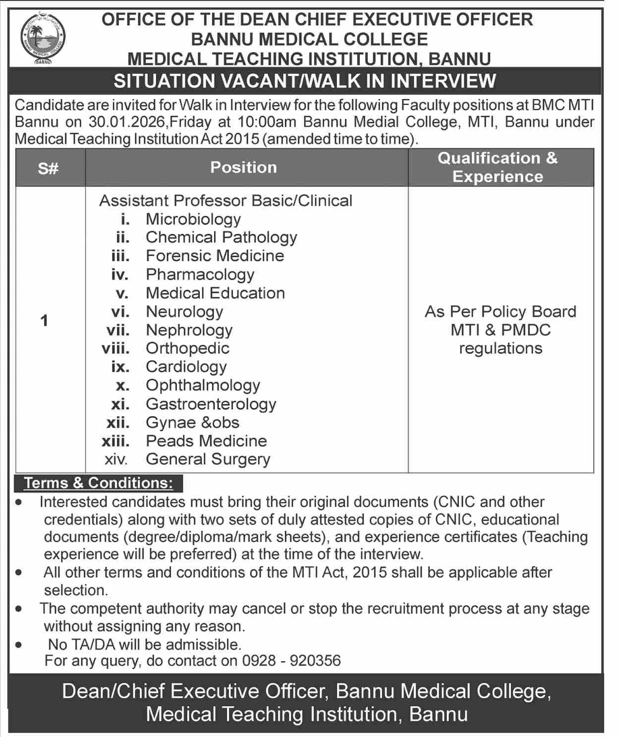 Bannu Medical College MTI Jobs 2026 – Bannu Medical College Bannu Kpk Jobs 2026 — original advertisement