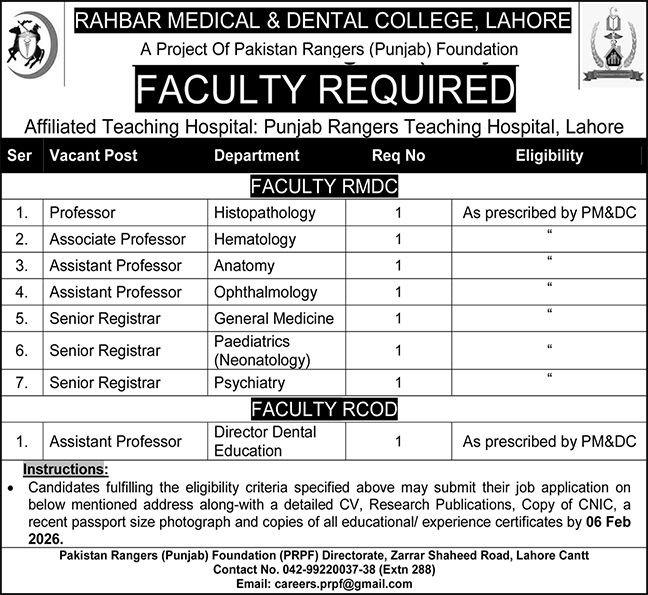 Rahbar Medical & Dental College Lahore Cantt Jobs 2026 Jobs 2026 — original advertisement