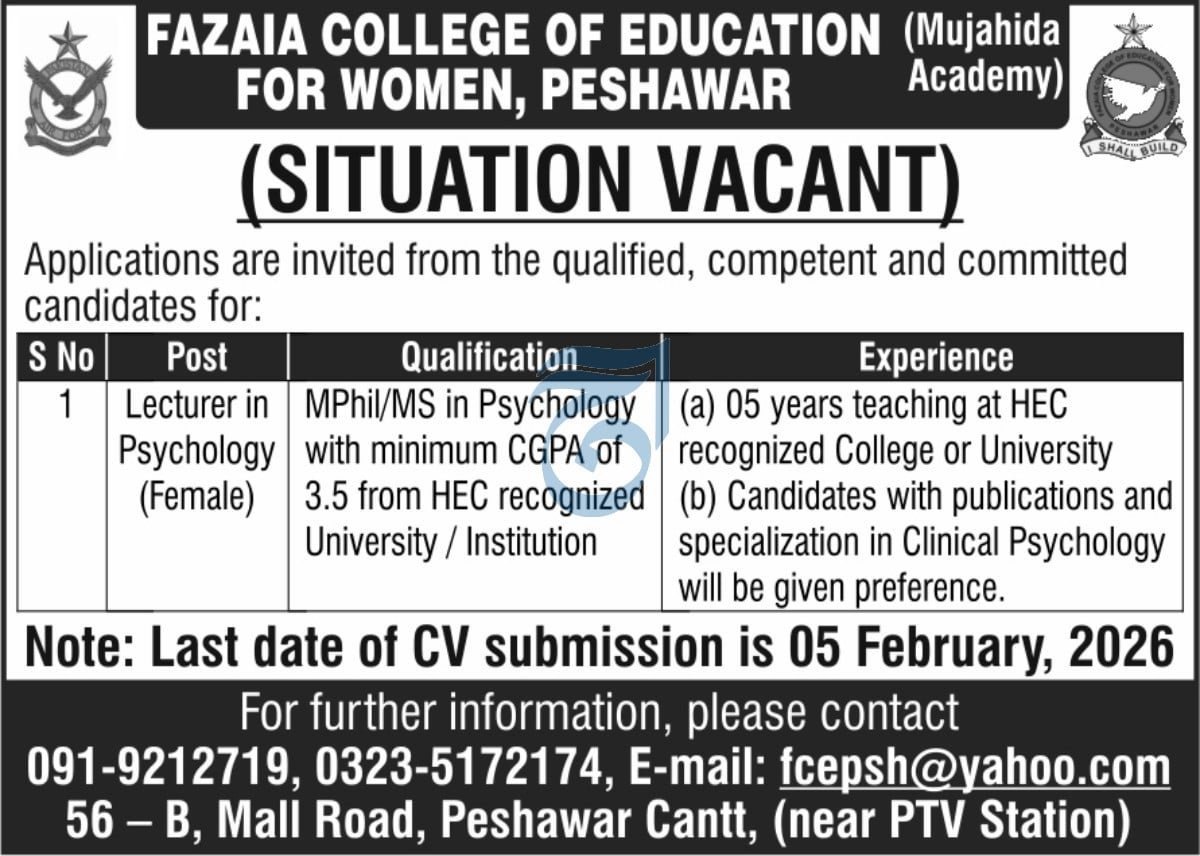 Fazaia College Of Education For Women Peshawar Cantt Job – Fazaia Schools & Colleges Jobs 2026 — original advertisement