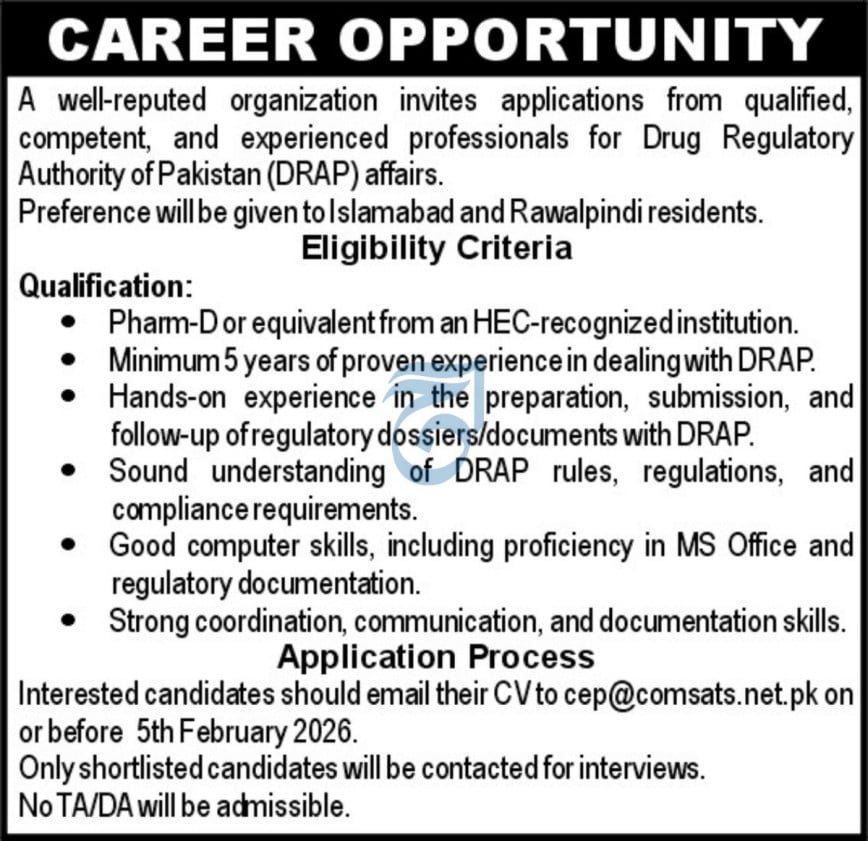 Drug Regulatory Authority Of Pakistan Islamabad Job 2026 Jobs 2026 — original advertisement