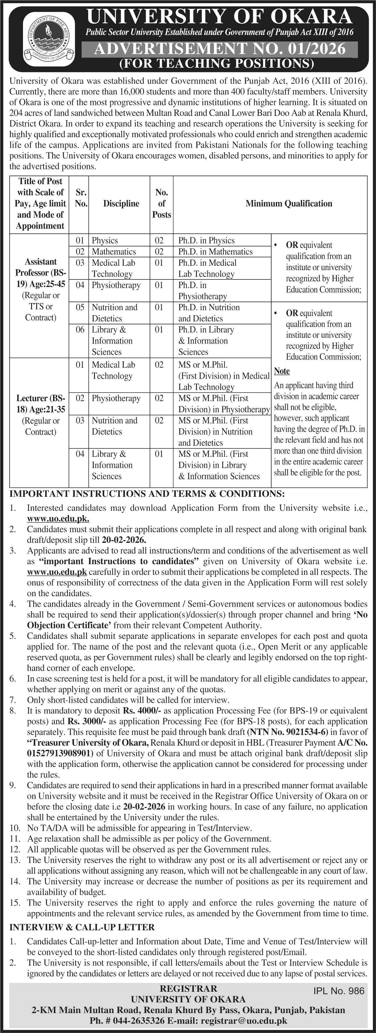 University Of Okara Jobs 2026 For Assistant Professor Jobs 2026 — original advertisement