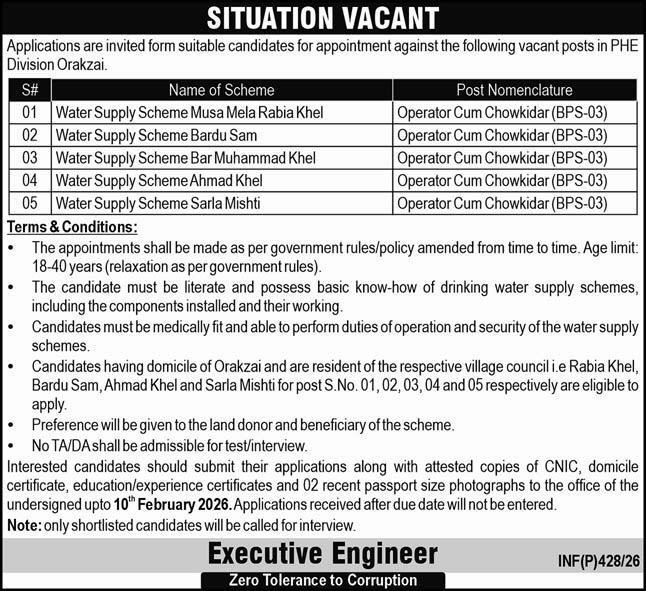 Public Health Engineering Division PHED Orakzai Jobs 2026 – Public Health Engineering Department KPK Jobs 2026 — original advertisement