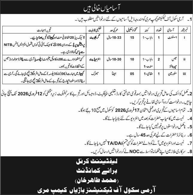 Army School Of Technicians Barian Jobs 2026 For Assistant – Army Public School & College Paksitan Jobs 2026 — original advertisement
