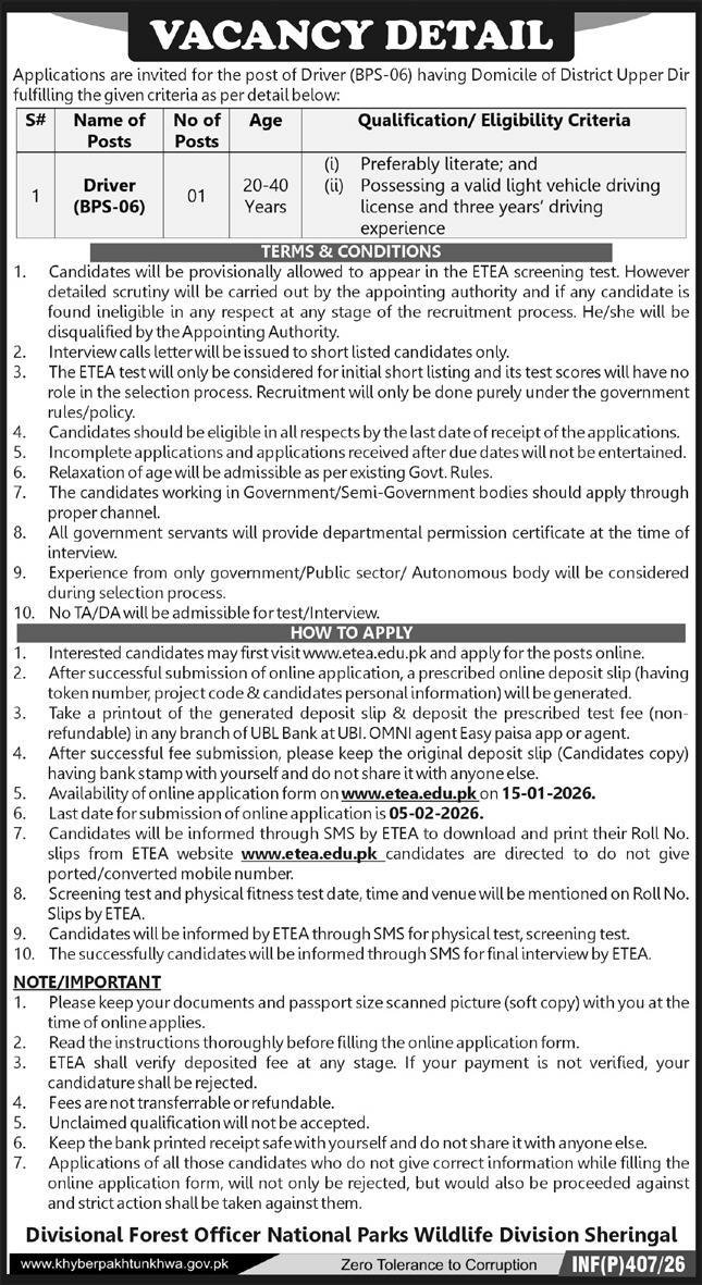 National Parks Wildlife Division Sheringal Jobs 2026 – Forest Department Khyber Pakhtunkhwa Jobs 2026 — original advertisement