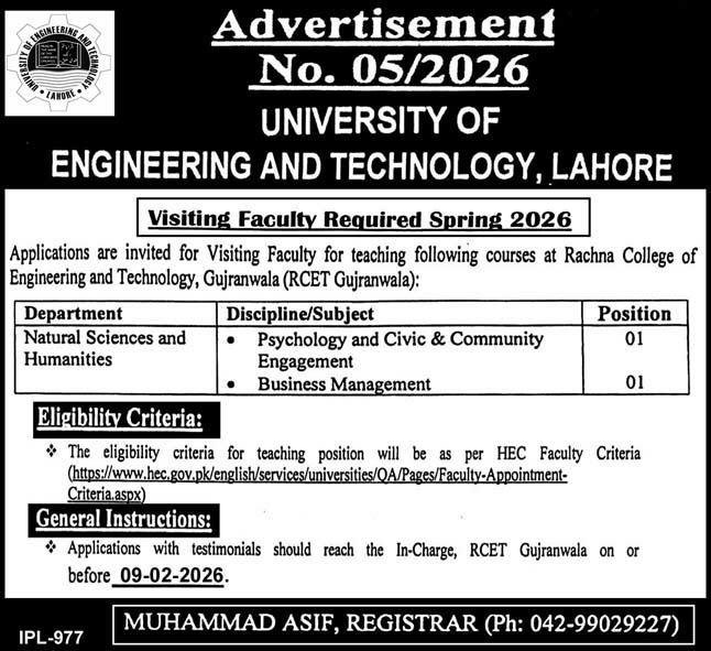 University of Engineering and Technology Gujranwala Jobs – UEIT University of Engineering & Information Technology Jobs 2026 — original advertisement