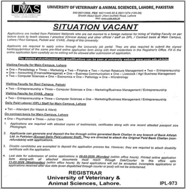 University Of Veterinary And Animal Sciences UVAS Jobs 2026 – University of Veterinary and Animal Sciences Lahore Jobs 2026 — original advertisement