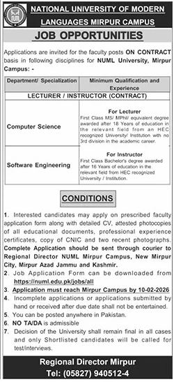 National University Of Modern Languages NUML Job 2026 – National University of Modern Languages Islamabad Jobs 2026 — original advertisement