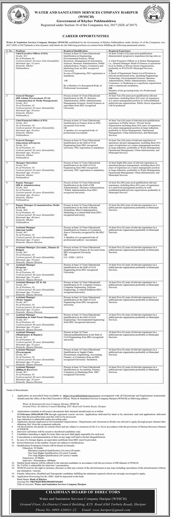 WATER AND SANITATION SERVICES COMPANY HARIPUR (WSSCH) Jobs – Irrigation Department KPK Jobs 2026 — original advertisement
