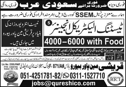 Testing Electrical Engineer Jobs 2026 In Saudi Arabia – Qureshi Manpower Bureau Jobs 2026 — original advertisement