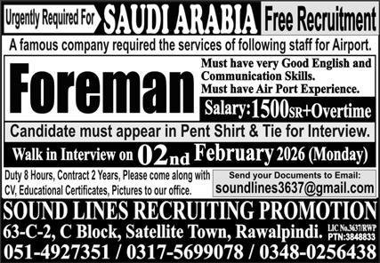 Foreman Jobs Open In Saudi Arabia 2026 – Sound Lines Recruiting Promotion Jobs 2026 — original advertisement