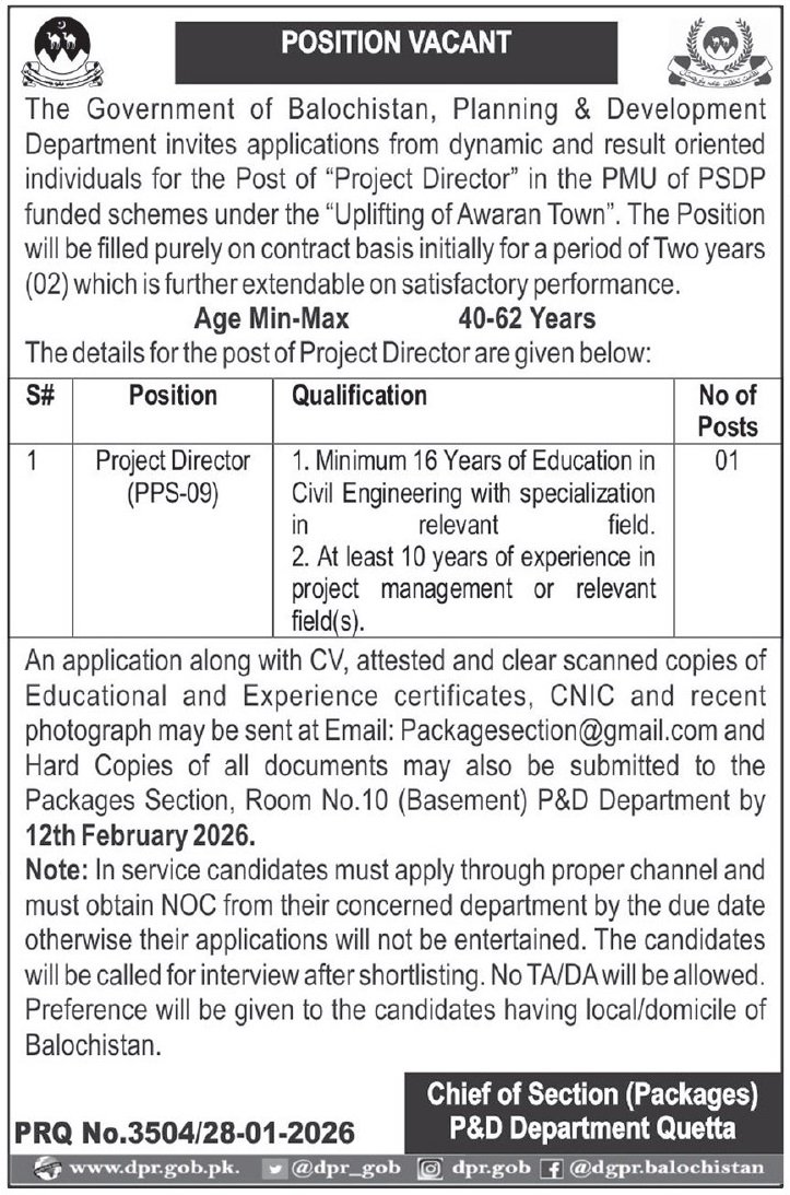 Planning & Development P&D Department Quetta Jobs 2026 – Planning and Development Department Balochistan Jobs 2026 — original advertisement