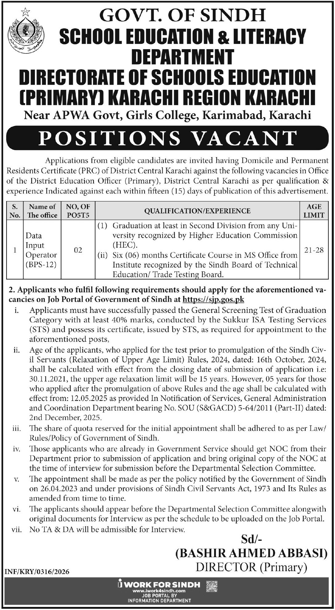 Directorate Of Schools Education Primary Karachi Jobs 2026 – School Education & Literacy Department Sindh Jobs 2026 — original advertisement