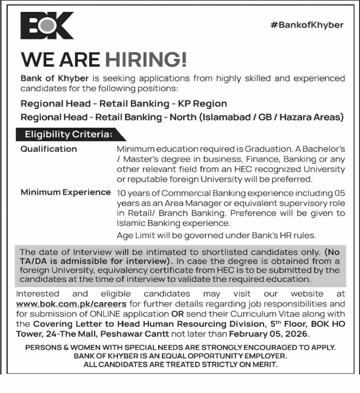 The Bank Of Khyber BOK Peshawar Jobs 2026 Jobs 2026 — original advertisement