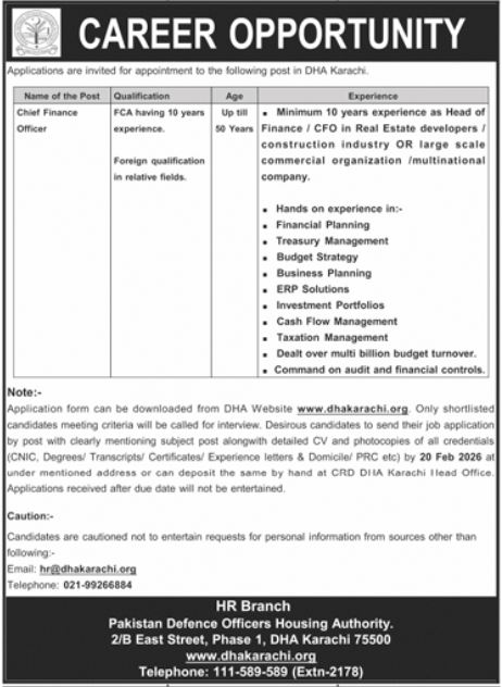 DefenceHousing Authority Karachi Job 2026 – Defence Housing Authority Jobs 2026 — original advertisement