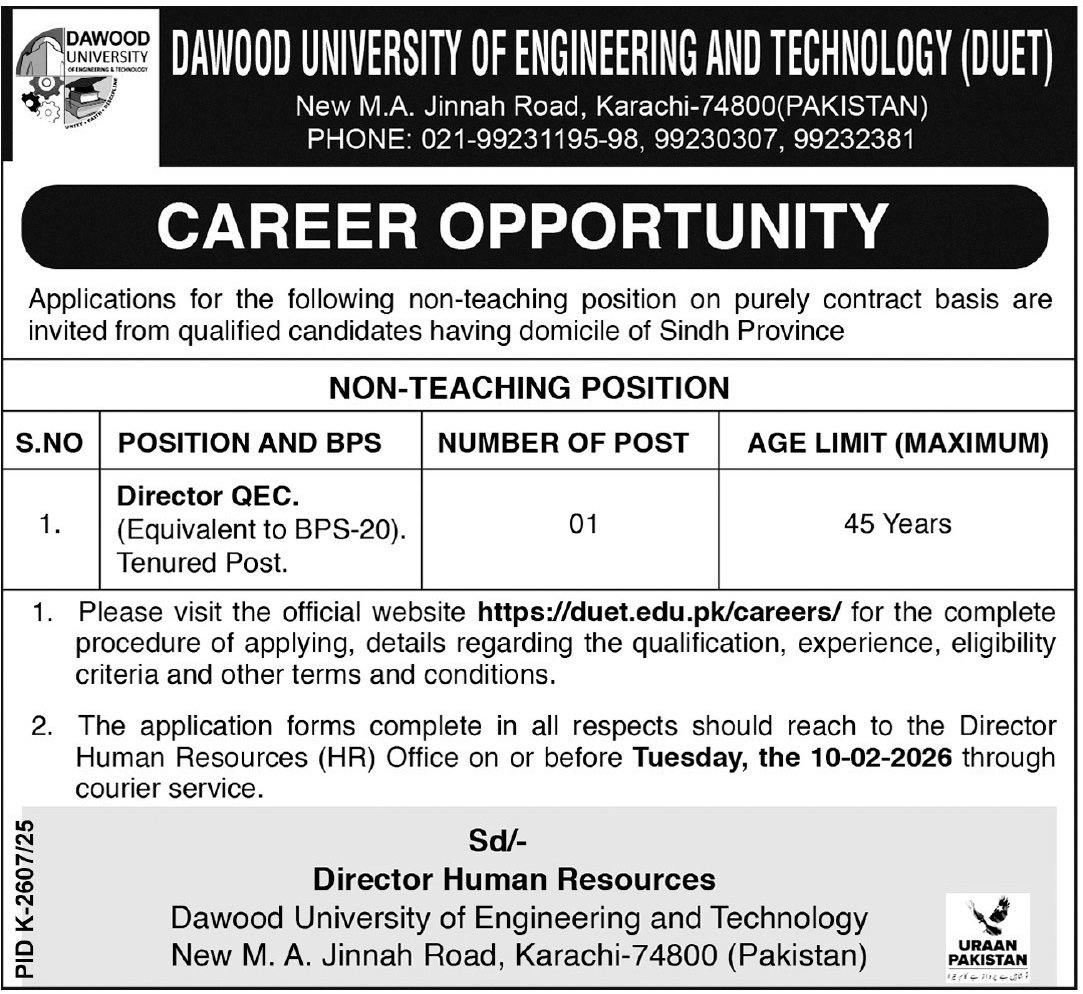 Dawood University Of Engineering & Technology DUET Jobs 2026 – Dawood University of Engineering and Technology Karachi Jobs 2026 — original advertisement