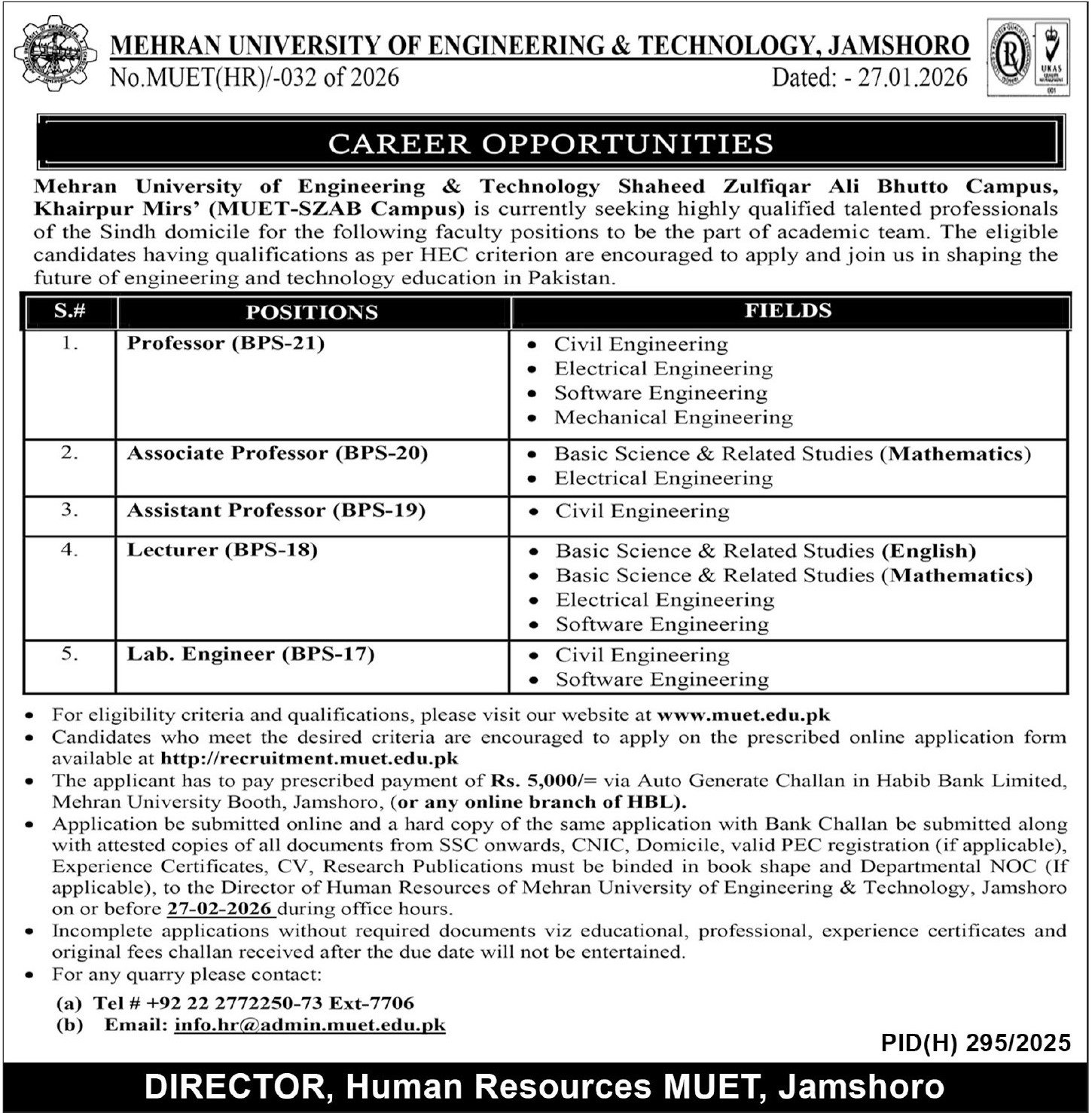 Mehran University Of Engineering & Technology MUET Jobs 2026 – Mehran University of Engineering & Technology Jamshoro Jobs 2026 — original advertisement
