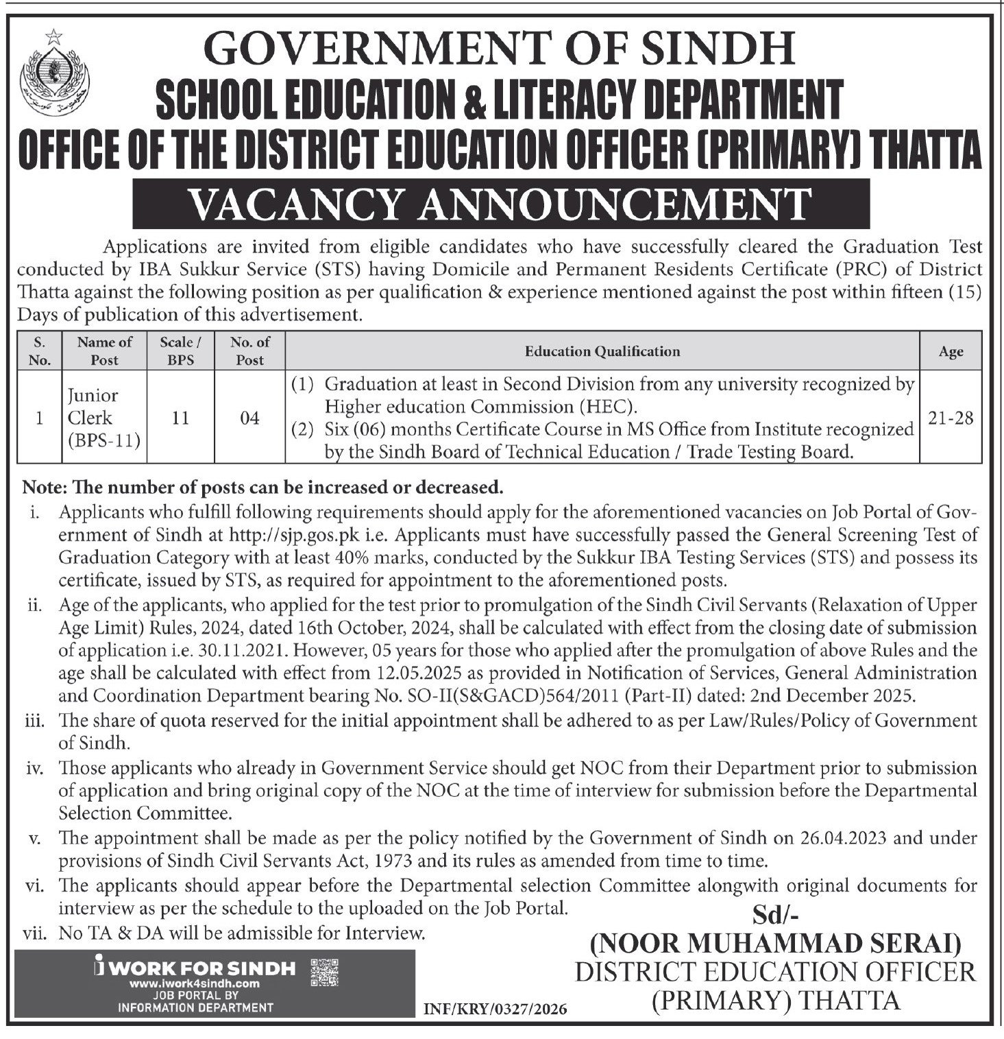 School Education & Literacy Department Thatta Jobs – School Education & Literacy Department Sindh Jobs 2026 — original advertisement