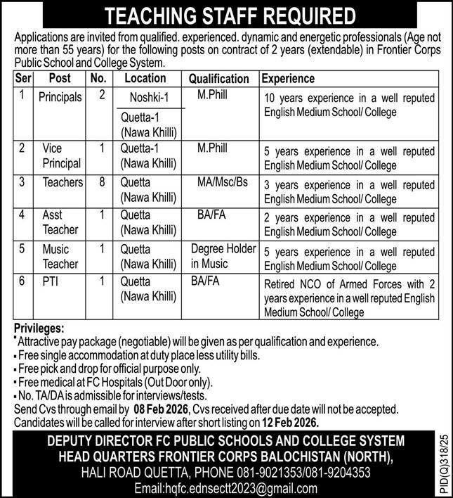 Frontier Corps Public School & College System Jobs 2026 – Frontier Corps (South) Balochistan Jobs 2026 — original advertisement