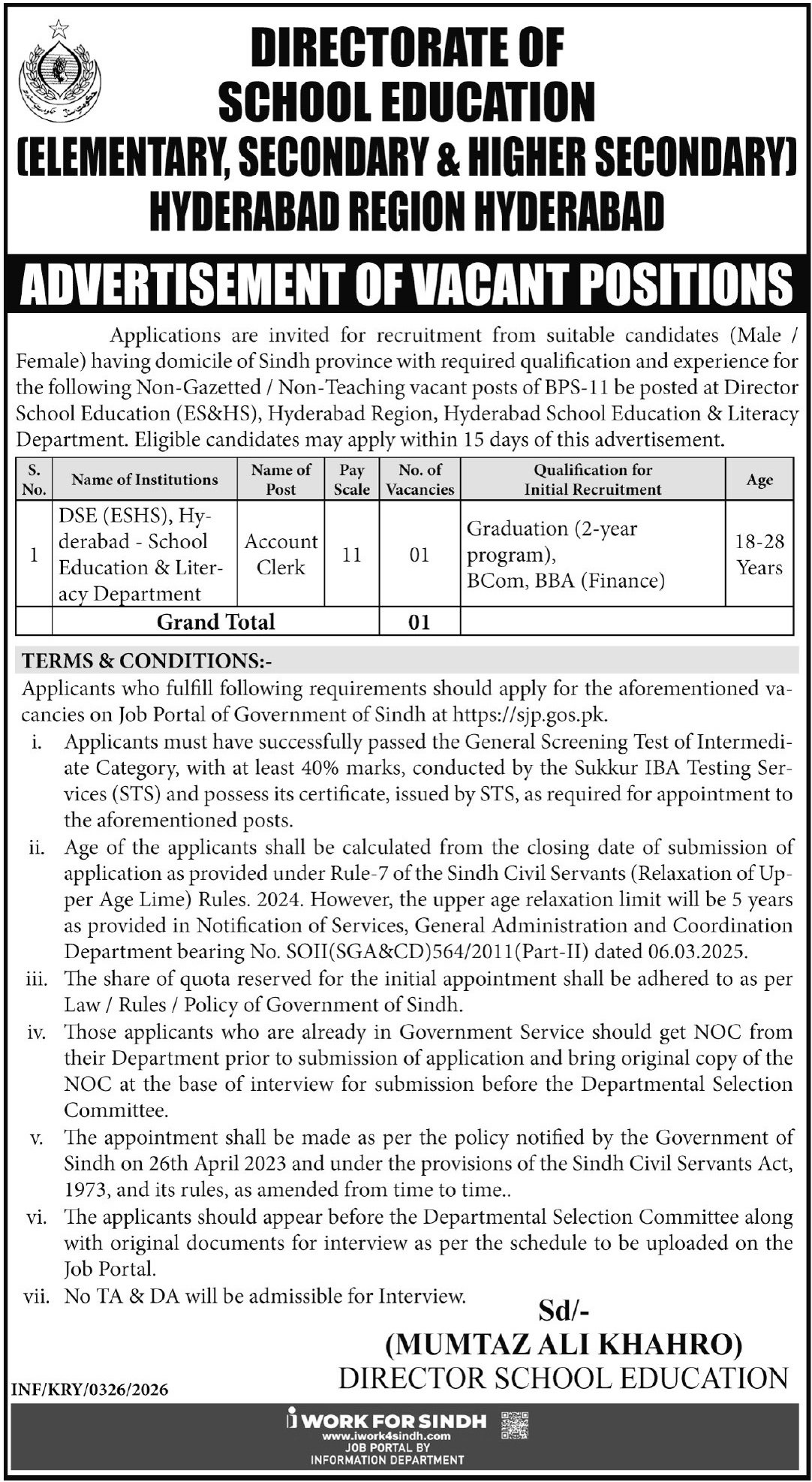 School Education & Literacy Department hyderabad Jobs 2026 – School Education & Literacy Department Sindh Jobs 2026 — original advertisement