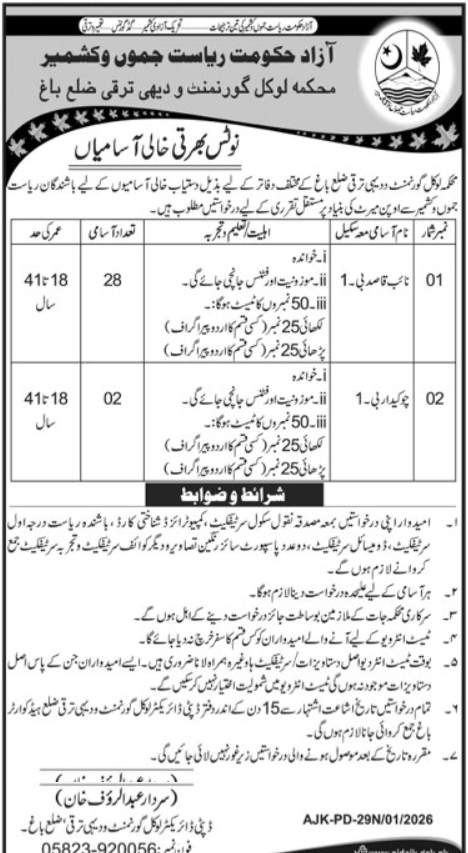 Local Government And Rural Development Department Bagh Jobs – Local Govt Department Ajk Jobs 2026 — original advertisement