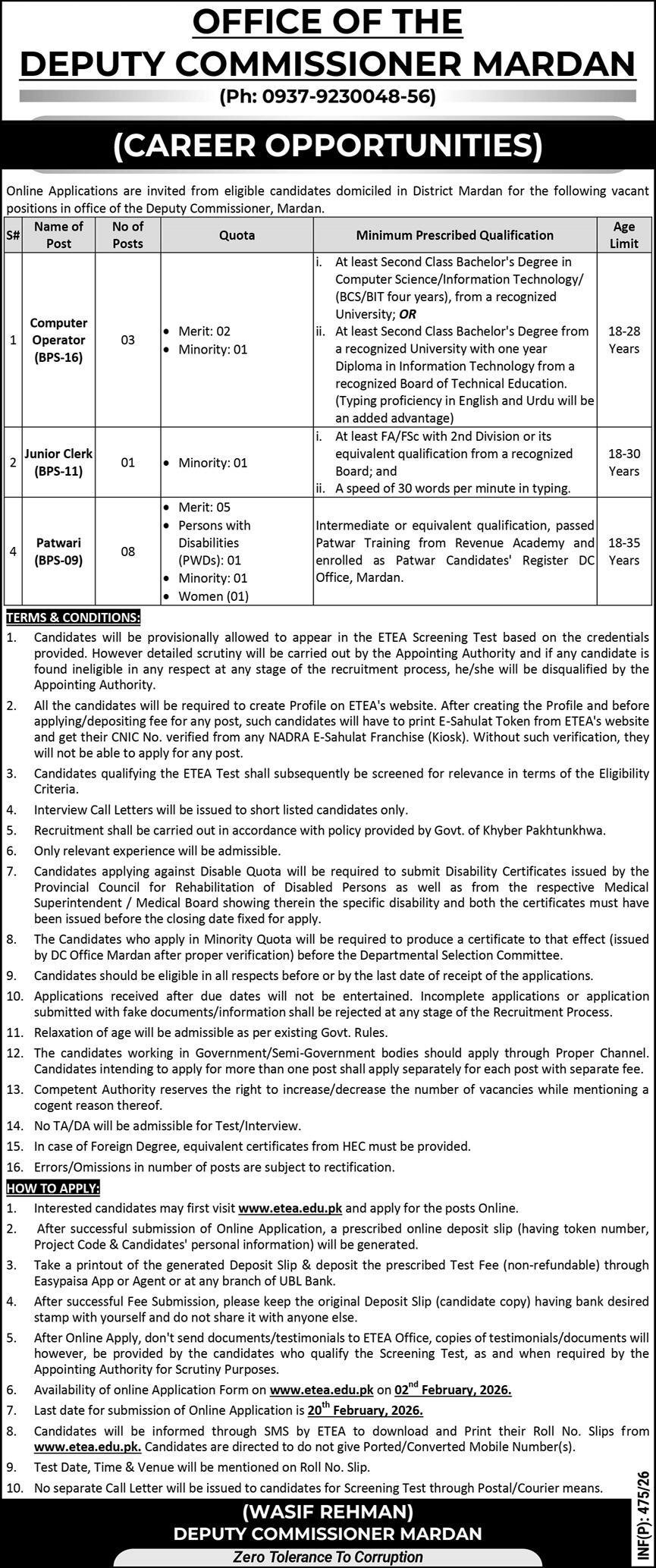 Deputy Commissioner DC Mardan Jobs 2026 For Junior Clerk – Revenue Department KPK Jobs 2026 — original advertisement