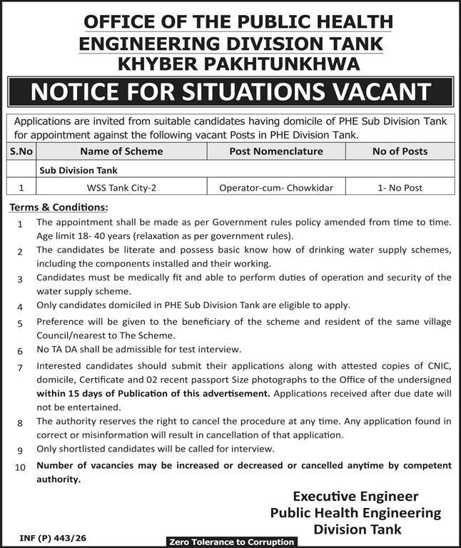 Public Health Engineering Division PHED Tank Jobs 2026 – Public Health Engineering Department KPK Jobs 2026 — original advertisement