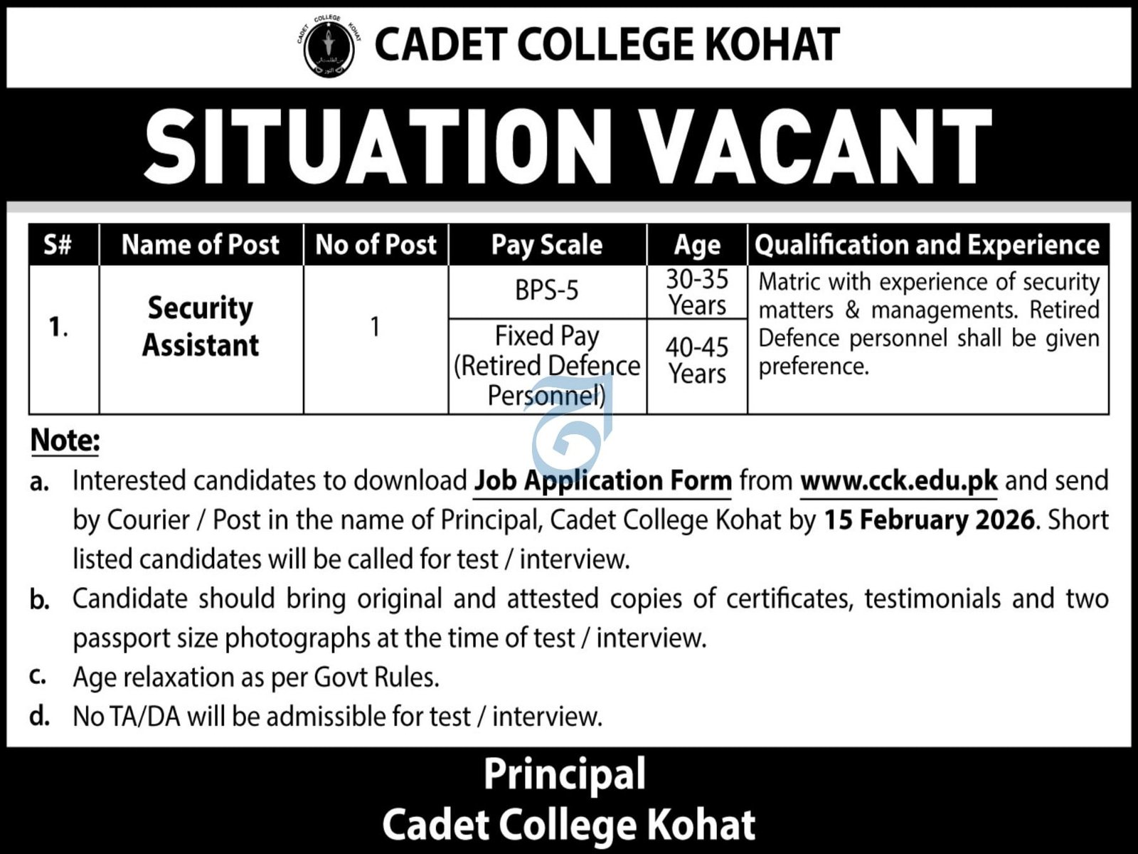 Cadet College Kohat Khyber Pakhtunkhwa Jobs 2026 Jobs 2026 — original advertisement