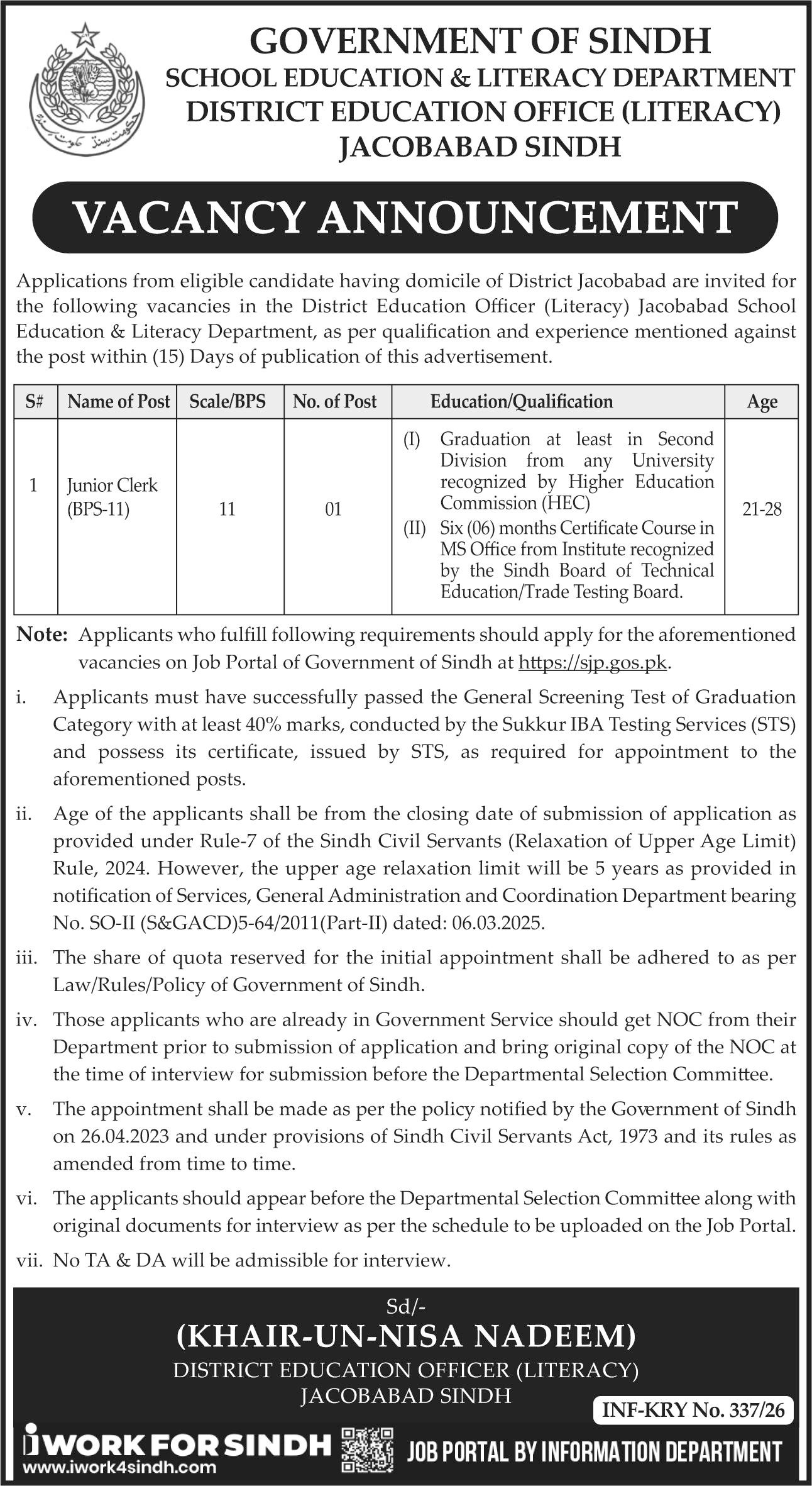 School Education & Literacy Department Jacoabad Jobs 2026 – School Education & Literacy Department Sindh Jobs 2026 — original advertisement