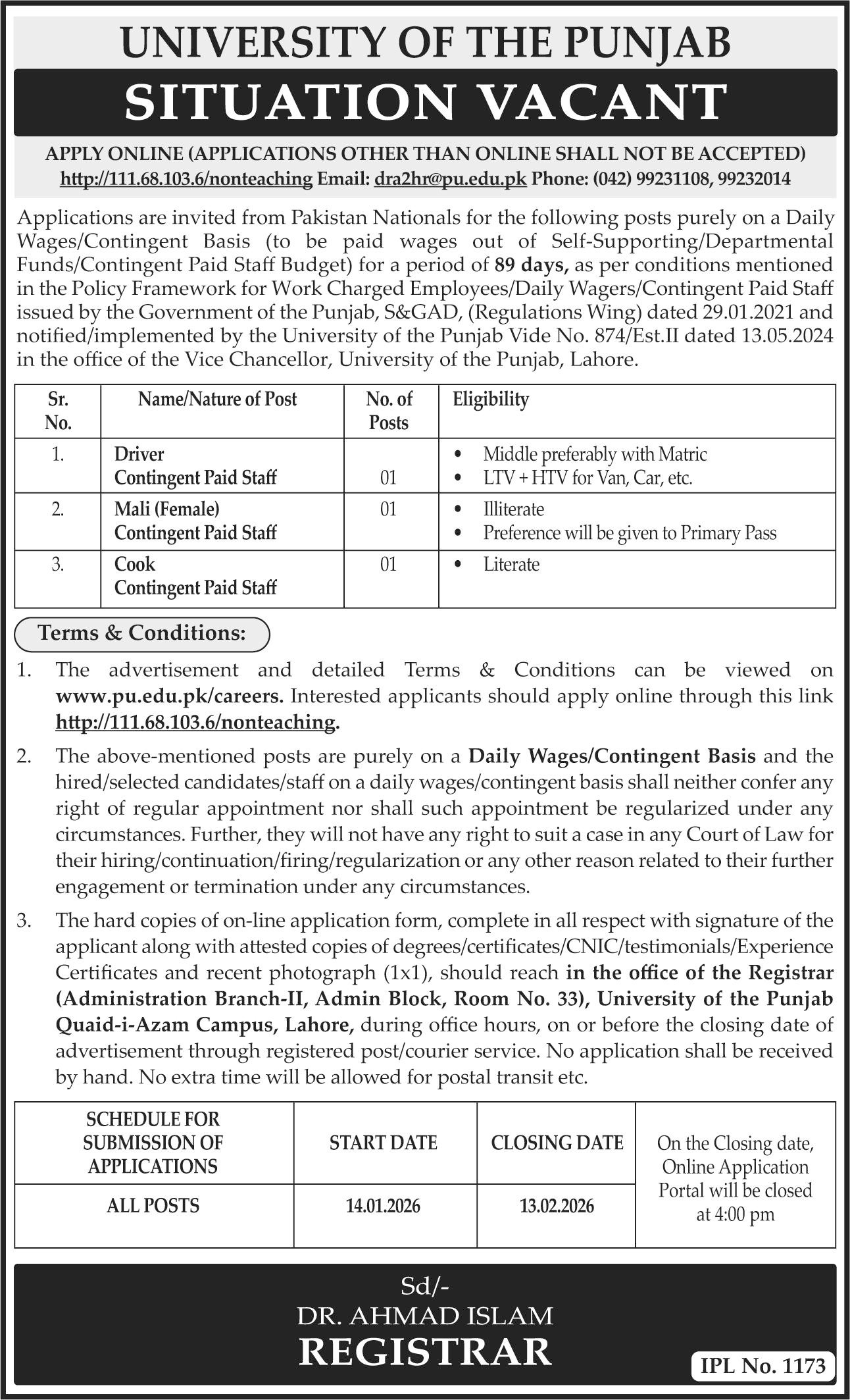 University Of The Punjab PU Jobs 2026 – University of Punjab Jobs 2026 — original advertisement