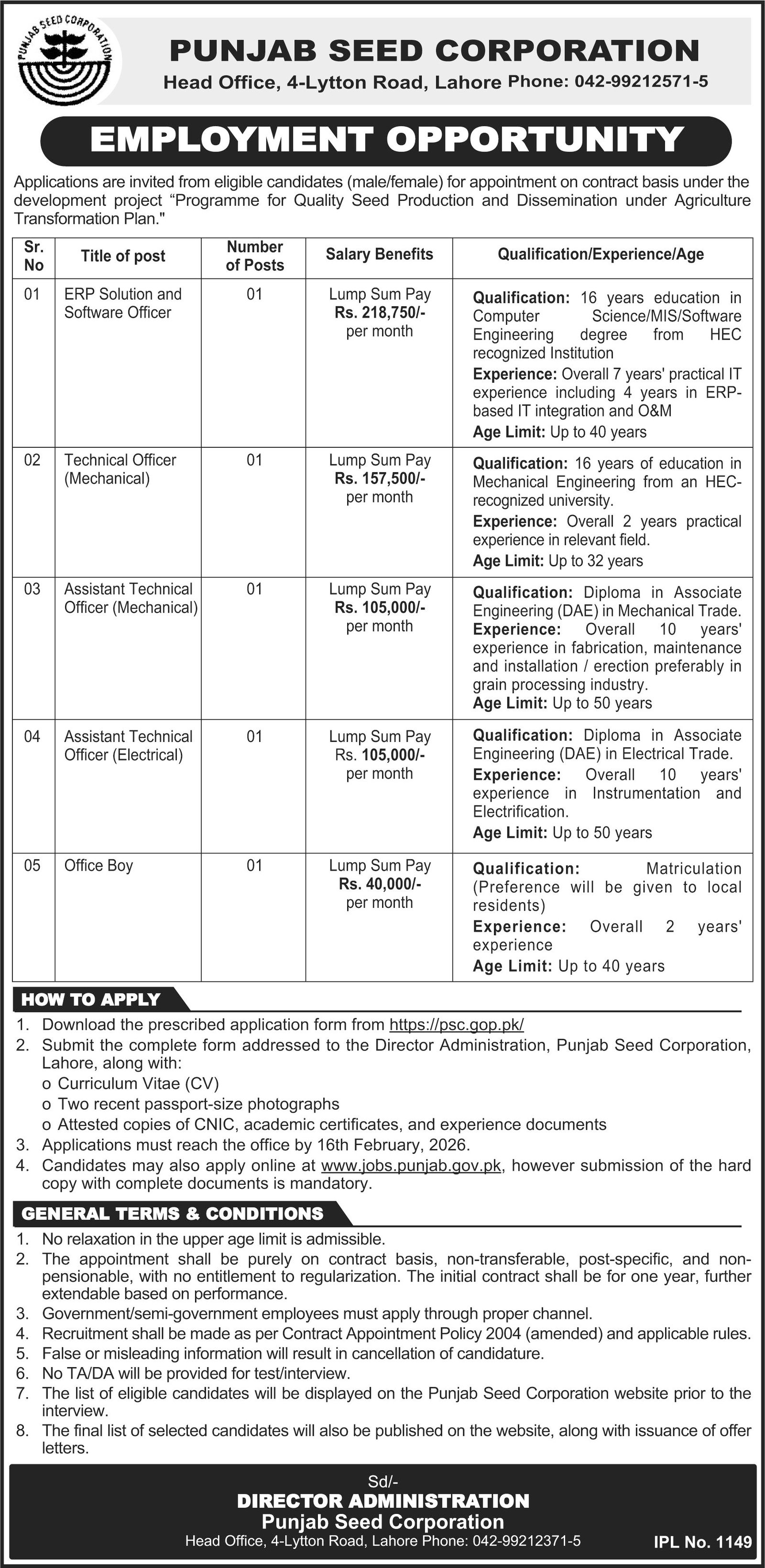 Punjab Seed Corporation Jobs 2026 Jobs 2026 — original advertisement