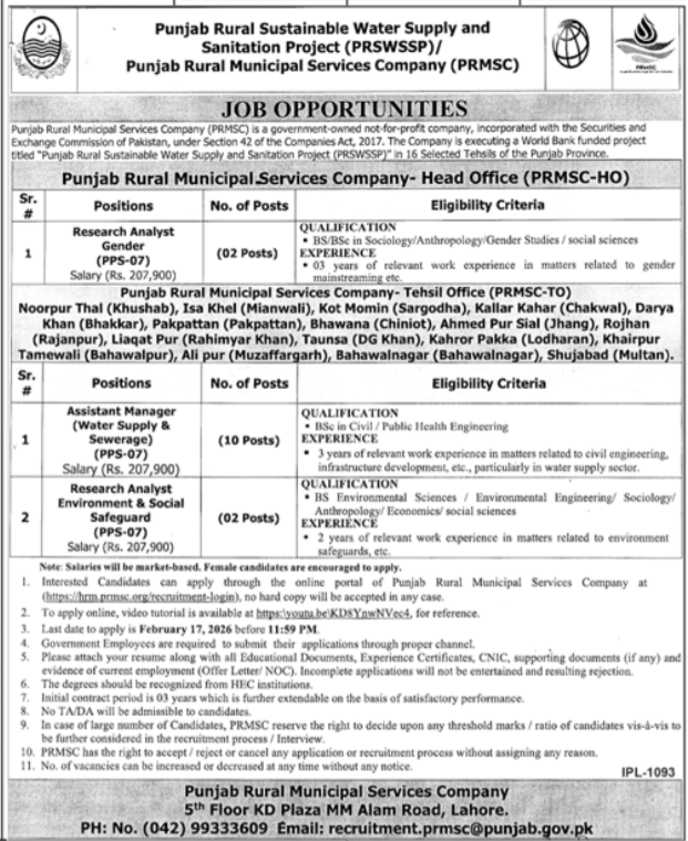Punjab Rural Municipal Services Company Jobs 2026 – Punjab Rural Municipal Services Company PRMSC Jobs 2026 — original advertisement